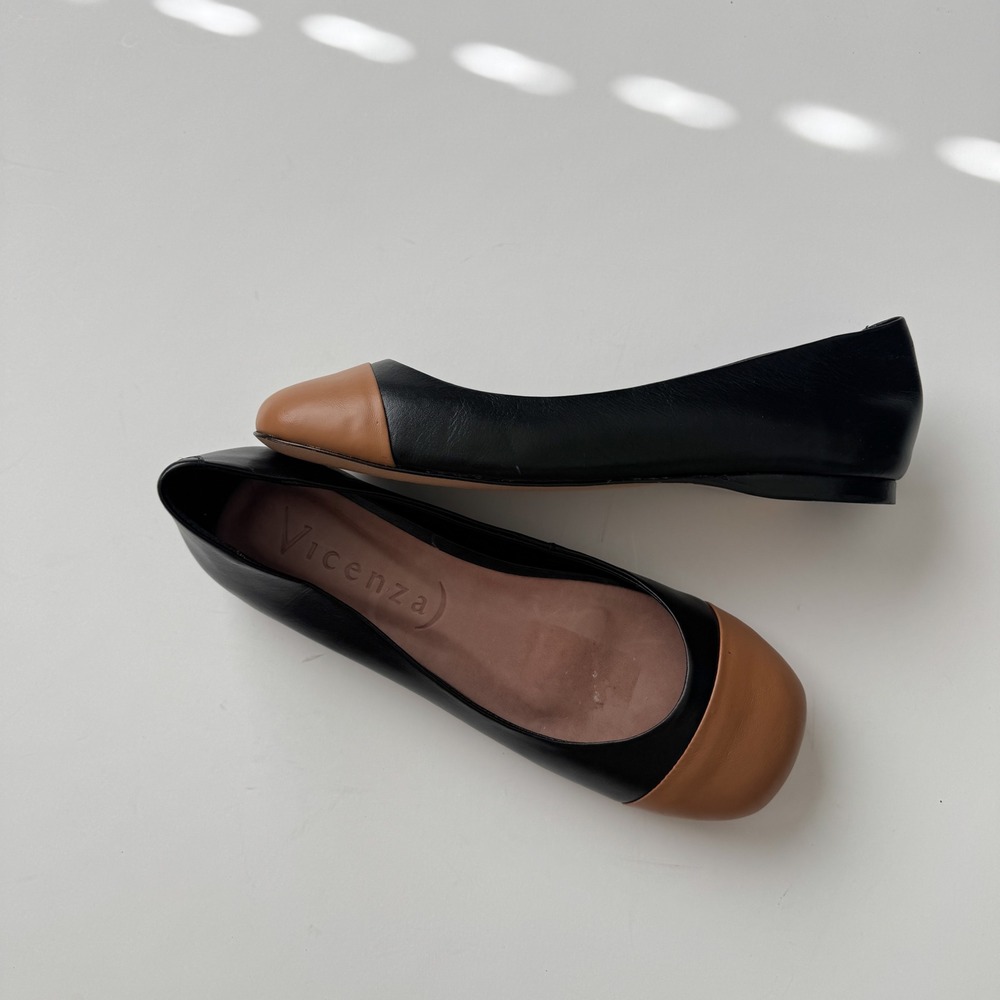 Vicenza Black Leather Two Tone Cap Toe Square Toe Ballet Flats Size 7 Brazil - Picture 9 of 10